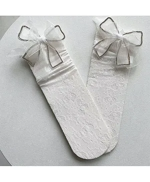 Flaunt Chic Pearl Detailed Bow Embellished Calf Length Lace Socks- White