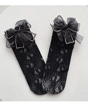 Flaunt Chic Pearl Detailed Bow Embellished Calf Length Lace Socks - Black