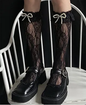 Flaunt Chic Pearl Detailed Bow Embellished Calf Length Intricate Lace Socks - Black