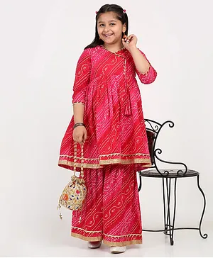 Aujjessa Three Fourth Sleeves Bandhani Printed Gota Patti Detailed Angrakha Style Kurta Sharara Set - Pink