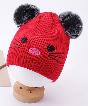 Babyhug Pom Pom Woollen Cap Animal Design Large Size - Red