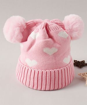 Babyhug Pom Pom Woollen Cap Heart Design Medium Size - Pink