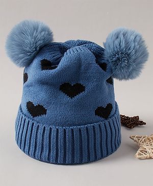 Babyhug Pom Pom Woollen Cap Heart Design Small Size - Blue