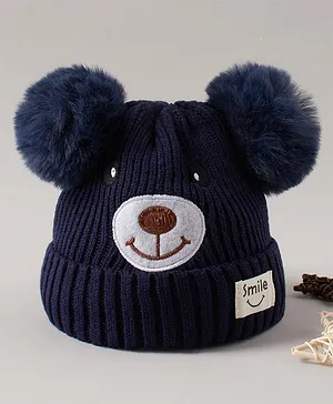 Babyhug Pom Pom Ears Woollen Cap Bear Face Design - Navy Blue