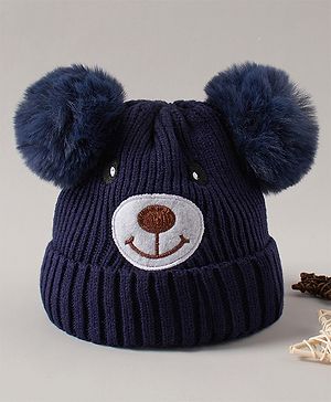 Babyhug Pom Pom Ears Woollen Cap Bear Face Design - Navy Blue