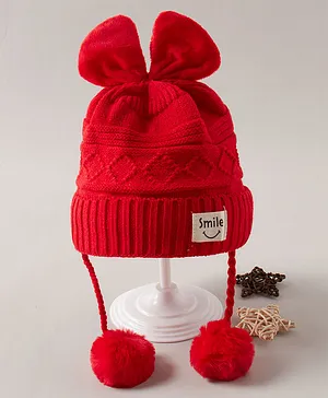 Babyhug Acrylic Woollen Cap Bow Applique Medium Size - Red
