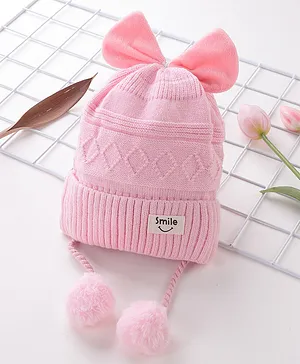 Babyhug Acrylic Woollen Cap Bow Applique Small Size - Pink