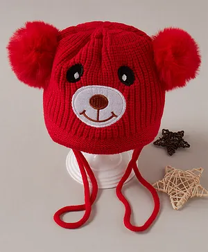 Babyhug  Pom Pom  Acrylic Woollen Cap Bear Design Medium Size - Red