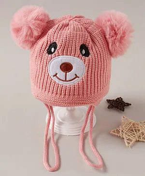 Babyhug  Pom Pom  Acrylic Woollen Cap Bear Design Small Size - Pink