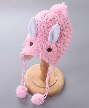 Babyhug Woollen Cap With  Bunny Design & Pompom - Pink