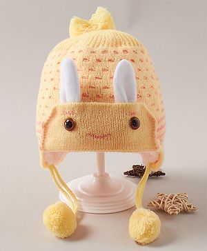 Babyhug Woollen Cap With  Bunny Design & Pompom - Yellow