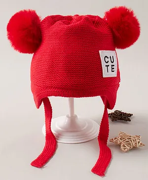 Babyhug Pom Pom Acrylic Woollen Cap Small Size - Red
