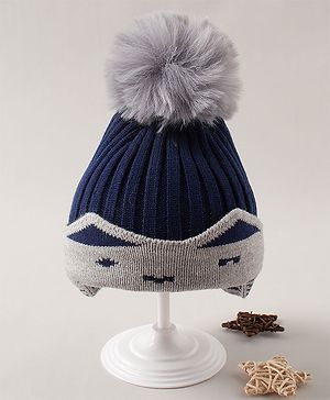 Babyhug  Pom Pom Woollen Cap Medium Size - Navy Blue