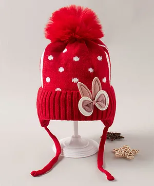 Babyhug Pom Pom Acrylic Woollen Polka Dotted Cap with Knot Small Size - Red