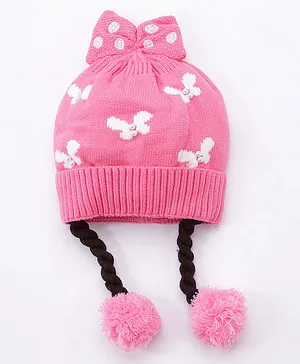 Babyhug Bow Acrylic Woollen Cap Butterfly Design Medium Size - Pink