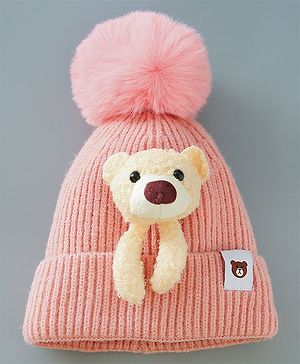 Babyhug Woollen Cap With Bear Design - Pink