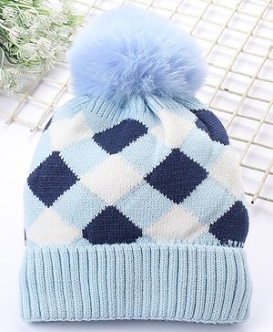 Babyhug Pom Pom Woollen Checked Cap Small Size - Blue