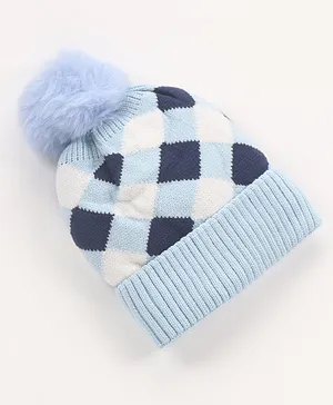 Babyhug Pom Pom Acrylic Woollen Checked Cap Medium Size - Blue