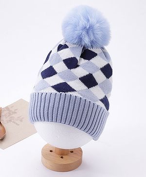 Babyhug Pom Pom Woollen Checked Cap Large Size - Blue