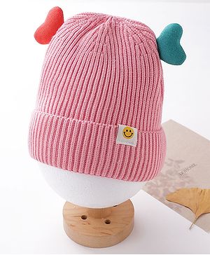 Babyhug Woollen Heart Applique Cap Medium Size - Pink