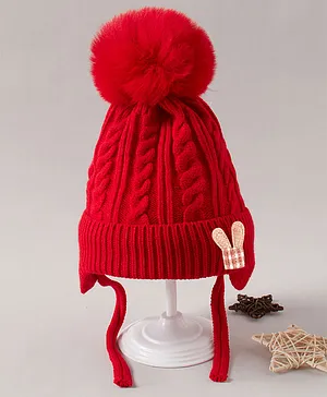 Babyhug Woollen Cap With Pompom Design Red - Diameter 10 cm
