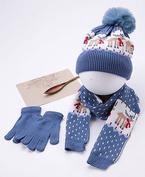 Babyhug Pom Pom Woollen Cap Gloves and Muffler Set Reindeer Design Small Size - Blue