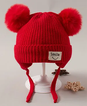 Babyhug Pom Pom Acrylic Woollen Cap  Smile Design Medium Size - Red