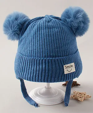 Babyhug Pom Pom Acrylic Woollen Cap  Smile Design Small Size - Blue