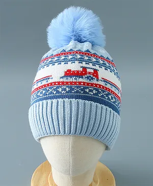 Babyhug Pom Pom Acrylic Woollen Cap Train Design Medium Size - Blue
