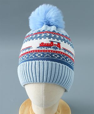 Babyhug Pom Pom Woollen Cap Train Design Large Size - Blue