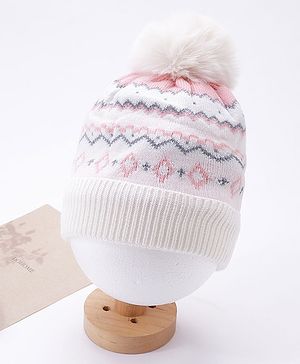 Babyhug Pom Pom Woollen Cap Chevron Design Medium Size - White