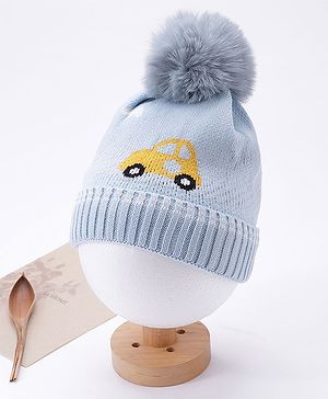 Babyhug Pom Pom Woollen Cap Car Design Medium Size - Blue