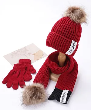 Babyhug Pom Pom Acrylic Woollen Cap Gloves and Muffler Set Small Size - Red