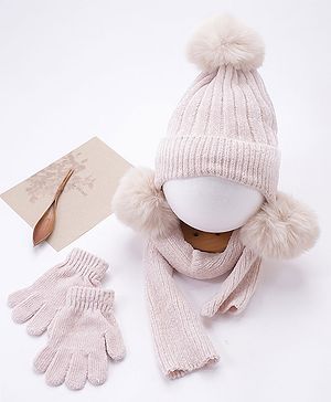 Babyhug Pom Pom Woollen Cap Gloves and Muffler Set Small Size - Light Pink