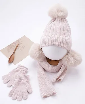 Babyhug Pom Pom Acrylic Woollen Cap Gloves and Muffler Set Small Size - White