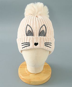 Babyhug Woollen Cap Kitten Embroidery & Applique with Pom Pom - Beige