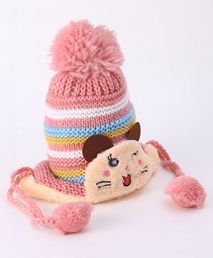 Babyhug Woollen Cap With  Kitten Design & Pompom - Yellow