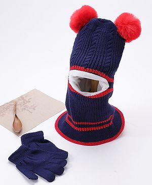 Babyhug Woollen Cap With Pompom & Gloves - Navy Blue
