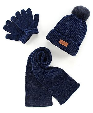 Babyhug Woollen Cap With Muffler & Gloves Solid Colour - Navy Blue