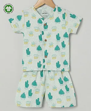 The Boo Boo Club 100% Muslin Gots Certified Organic Cotton Half Sleeves Cactus Printed Shirt And Short - Green