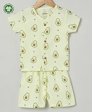 The Boo Boo Club 100% Muslin Gots Certified Organic Cotton Half Sleeves Avacado Printed Shirt With Short - Green