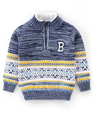 Babyhug 100% Cotton Knit Full Sleeves High Neck Sweaters with Argyle Design - Navy