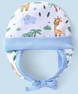 Babyhug 100% Cotton Tie Knot Cap Wild Animal Print - Blue