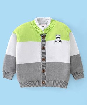 Babyhug 100% Cotton Knit Full Sleeves Front Open Sweater Text Embroidery - Grey & White