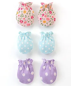 Babyhug 100% Cotton Knit Mittens Pack of 3 Floral Print - Blue Purple & Pink
