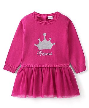 Babyhug Knitted Full Sleeves Woolen Dress with Crown Design - Pink