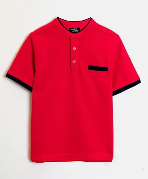 Whistle & Hops Half Sleeves Solid Henley Tee -  Red