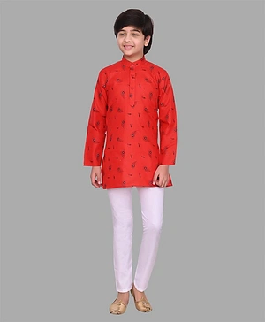 JOLEY POLEY Full Sleeves Peacock Feathers Printed Cotton Kurta Pajama Set - Red