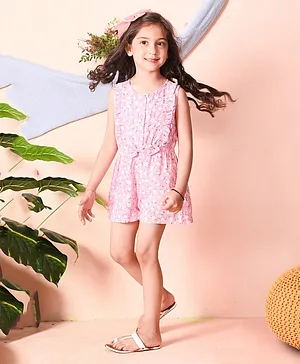 Giggling Giraffe Sleeveless Floral Printed Ruffle Jumpsuit - Pink