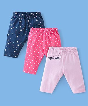 Babyhug Cotton Lycra Three Fourth Length Leggings Star Print Pack Of 3 - Blue & Pink